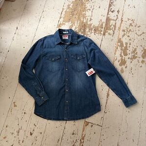 Wrangler Western Pearl Snap Indigo Denim Jean Work Shirt NWT